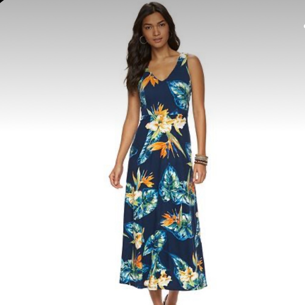 Chaps Tropical Hawaiian V-Neck Maxi Dress Size Large